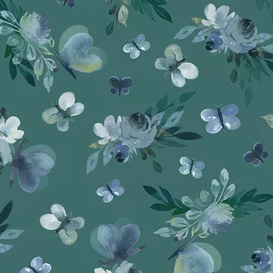Benartex Artistry - Enchanted Florals - Butterfly Garden, Light Teal