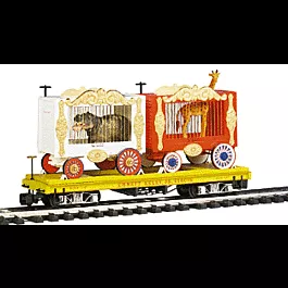 Flatcar w/Two Cage Cars -- Giraffe & Hippo