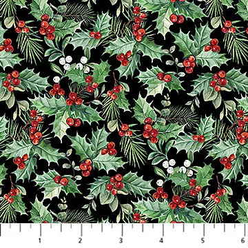 Northcott - Home For Christmas - Packed Holly, Black