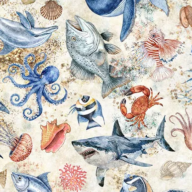 Quilting Treasures - Nauticus - Sea Creatures, Cream