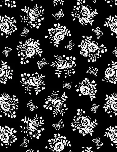 Wilmington Prints - Shadow Blooms - Bouquet Toss, White on Black