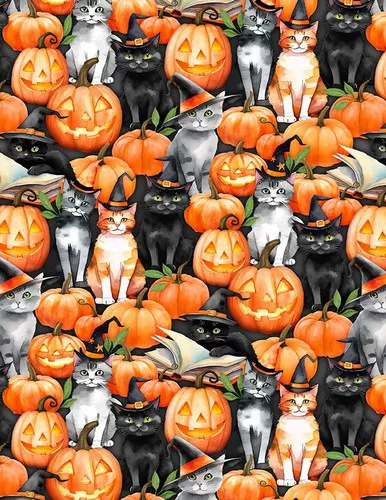 Wilmington Prints - Spooky Tails - Cats & Pumpkins, Multi