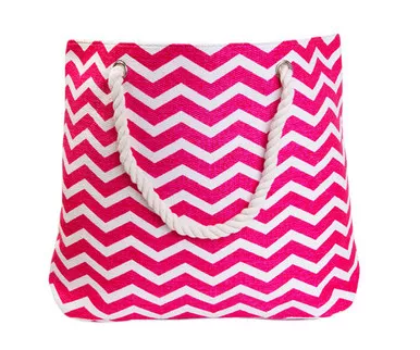 ZEE'S CREATIONS - Straw Beach Bags W/ Pocket - Pink Chevrons (SBB1003)